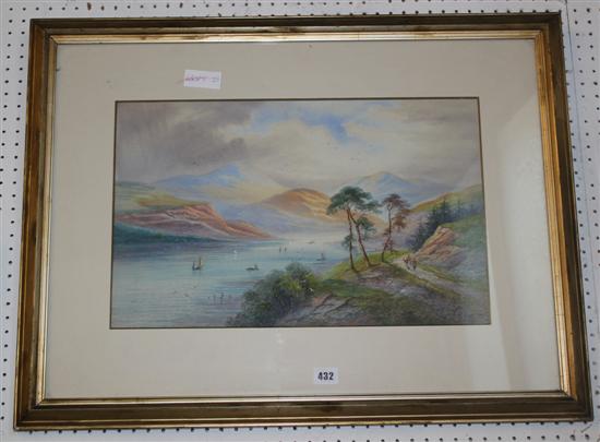 F. E. Jamieson, Scottish mountain loch scene with boats & figures on a path, signed, watercolour